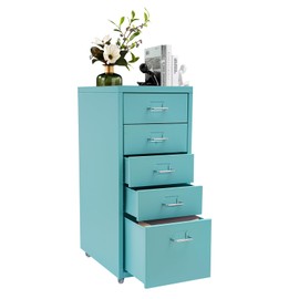 5 Drawer File Cabinet w/Wheels, Metal Vertical Filing Cabinet Blue Storage Cabinets w/Tag Slot, Freestanding Underdesk Chest, Mobile Storage Cabinet File Organizer for Home Office Living Room Study