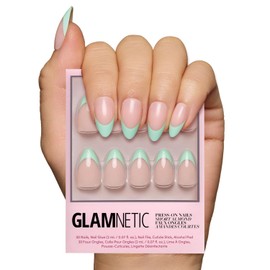 Glamnetic Press On Nails - Pistachio Crème | Short Almond Mint Blue French Tips with a Glossy Finish, Fake Nails, Reusable | 15 Sizes - 30 Nail Kit with Glue