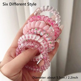 Getrays 6 Pcs Spiral Hair Elastics, Multi Style Non-Trace Resin Phone Cord Hair Elastics, Waterproof Ponytail Holder Hair Coils for Women Girls Hair Clips Hair Ornaments (Pink)