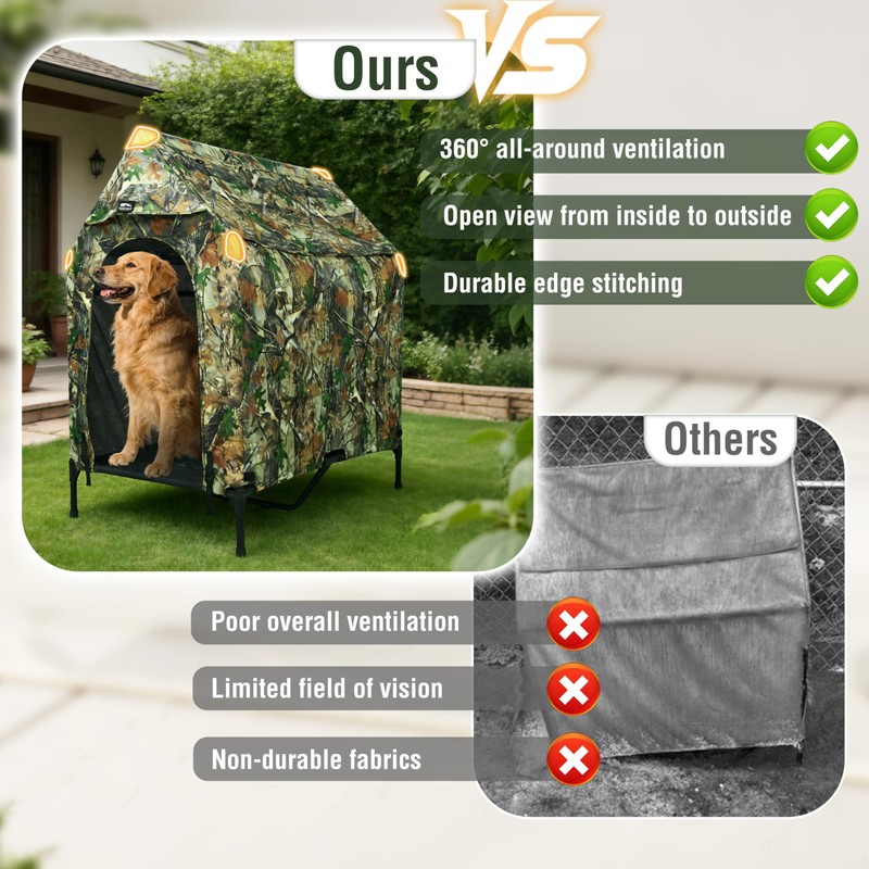 Privacy Outdoor Dog House & Elevated Bed 2-in-1, UPF50+ Sun