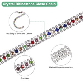 M METERXITY Crystal Rhinestone Close Chain Trim, 3 Rows 1 Yard Dress Embellishments, Sparkly Diamond Strips Applique Embellishment for Craft/Sewing Clothes/Wedding [Silver-Based Mixed Colors]