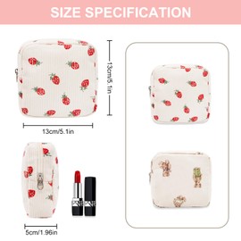 Long Keeper Small Cosmetic Bag Toiletry Bag with Compartments Mini Makeup Bag Strawberry Printing Corduroy Travel Toiletry Pouch for Women Girls Gift (Strawberry)