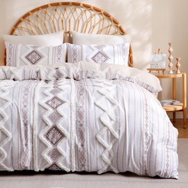 Herside Light Brown 100% Cotton Duvet Cover Set King Size, 3-Piece Tufted Textured Modern Boho Moroccan Bedding, Aztec Geometric Farmhouse Comforter Cover with 8 Corner Ties & Double Zipper