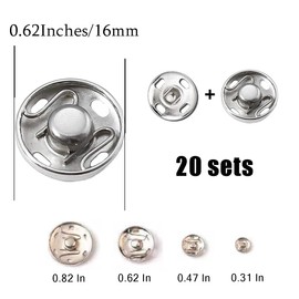 MIUPOO Metal Sew On Snap Buttons, Fasteners Press Studs for Sewing Clothes Jeans Overcoat DIY,0.62Inches/16mm Dia Snaps,20 Sets,Silver