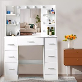 Yamissi Large Vanity Table Makeup with 10 Led Lighted Mirror Dressing Set and 7 Drawers