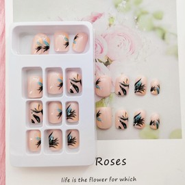 Short False Nails with Natural Plants Designs Square Press on Nails Short Fake Nails Artificial Acrylic Nails Glossy Stick on Nails for Women 24 Pcs 12 Size