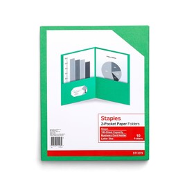 Staples 10% Recycled Smooth 2-Pocket Paper Presentation Folder, Green, 10/Pack (13379-US)