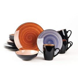 HomeVss, Stoneware Sonoma 16pc Dinnerware Set, Black + Speckled Spin Wash Mix Cobalt, Mocha, Rose, Spice