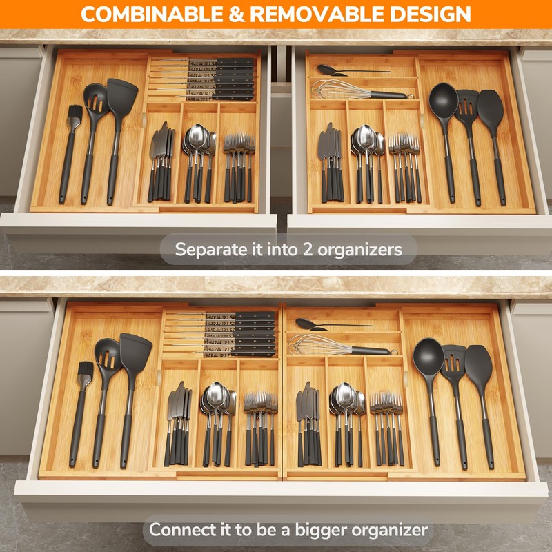 BAMEOS Expandable Silverware Drawer Organizer with Removable Knife Blocks, Bamboo