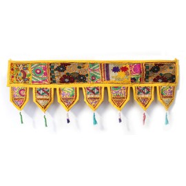 ICC valances for windows Toran Cotton Vintage Patchwork Door Hanging Valance Window Hand Embroidered Bohemian Decor Living Room Wall bedroom living room Home Handmade Decorations Yellow 42 Inches