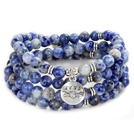 108 Beads Mala Bracelet Necklace with Lotus Charm and 6 mm Small Stone Beads, Stone