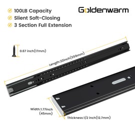 goldenwarm 10 Pair 22 Inch Black Soft Close Drawer Slides, Full Extension Ball Bearing Drawer Slides, Side Mount Soft Close Drawer Slides Drawer Glide, 20 Pack