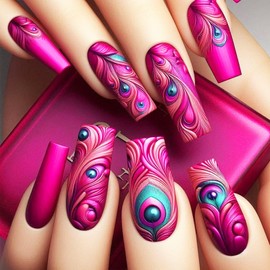 24Pcs Peacock Feather Press on Nails Rose Red Curve Line Medium Coffin False Nails Glossy Red Feather Stick on Nails Plume Acrylic Fake Nails Peacock Plume Gel Glue on Nails for Coquette Women Girls