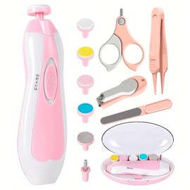 Kit 12 en 1 Lima Eléctrica Bebé 2 VelocidadesLuz LED Silencioso | Estuche almacenaje | Cortaúñas Tijeras Pinza nariz, seguro bb/adultos, set portátil 