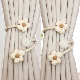 DIY Curtain Tiebacks Clips 2 Pcs, Daisy Flower Curtain Holdbacks, Metallic Twist Curtain Holdbacks, Handmade Braided Curtain holdbacks for Thin & Thick Home & Office Window Draperies (Cream)