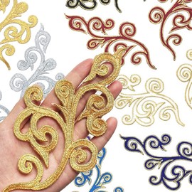 5 Pairs Embroidered Fancy Baroque Applique Swirl Iron on Patches Scroll Badge with Gold Trimming for Wedding Gown Dress Shoe Shirt Borders (Green)