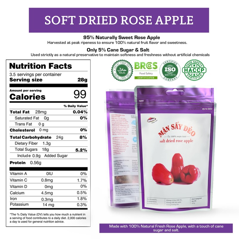 Vinamit Soft Dried Rose-Apple | Dried Plums 3.5 oz Bag