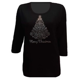 Merry Christmas Tree Bling Rhinestone Shirt Black Womens (3X)