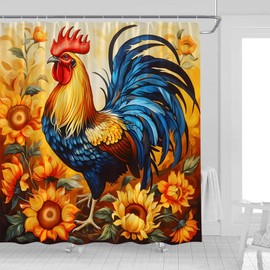 UOZXOML Colorful Rooster Shower Curtain Farmhouse Rustic Cock Chicken Sunflower Yellow Floral Animals Plants Nature Scenery Fabric Bathroom Decor Curtains with Hooks,70 x 70
