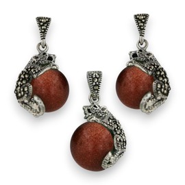 SILVER EMPIRE Fine Jewelry | 925 Marcasite Sterling Sivler Brick Red Gold Sand Stone Ball with Cougar Earring and Pendant Neckalace 18" Chain Dangle Gemstone | Fancy Fine Jewelry Gifts for Women for Her
