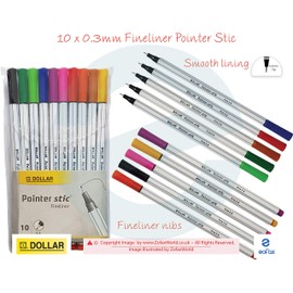 DOLLAR Pointer Stic 0.3mm Fineliner Pens - Wallet of 10 Vibrant Assorted Colours