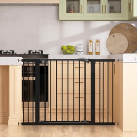 keny 29.7"-46" Baby Gate for Stairs, Auto Close Dog Gates for Doorways, Pressured Mounted No Drilling Pet Gate Extra Wide, One-Hand Opening Dual Lock Stair Gate, Indoor Kids Necessities, Black