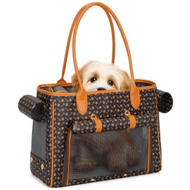 Minsong Fashion Pet Carrier Purse for Small Cat and Dog, Luxury Pu Soft-Sided Tote Bag with Large Pockets for Dogs and Puppies (Coffee, 15.8" L x 7.5" W x 11.8" H)
