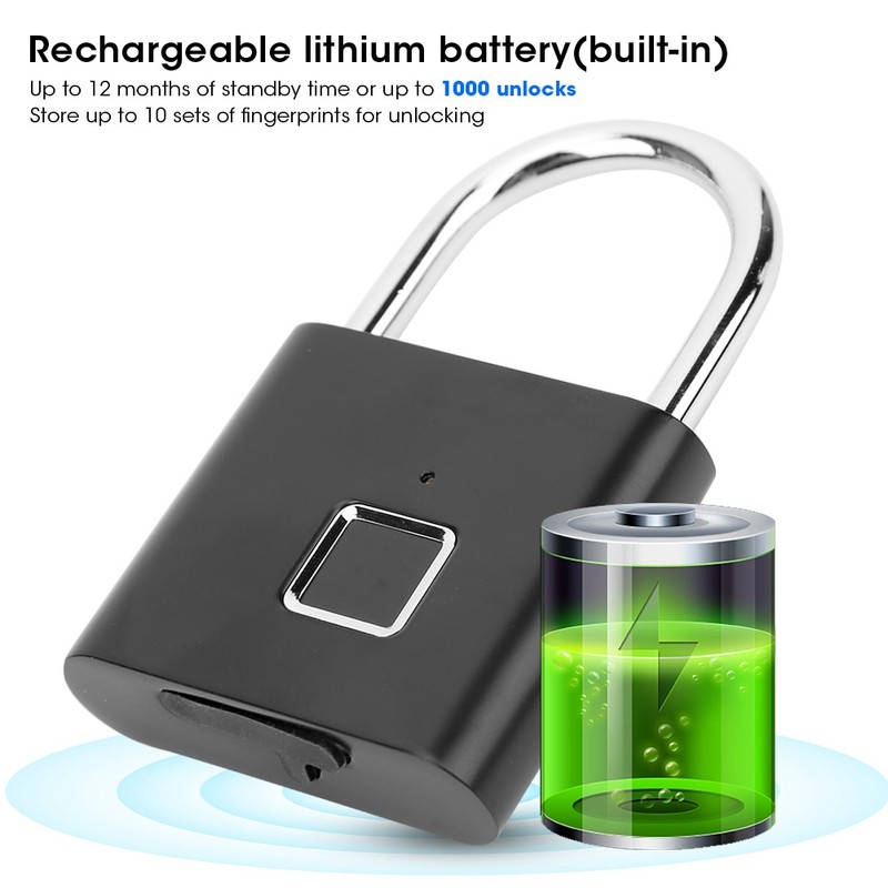 Smart Fingerprint Padlock USB Rechargeable Security LED Lock for Backpack