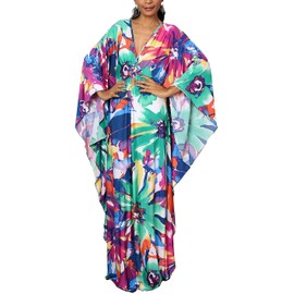 YouKD Summer Floral Loose Caftan Boho Beach Bikini Cover Up Dress Plus Size Robe for Women