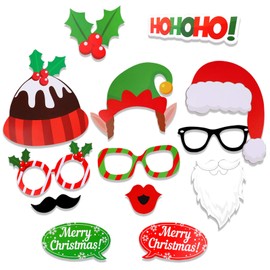 HOWAF Christmas Photo Booth Props Kit, 32pcs Funny Christmas Face Masks Selfie Props for Kids Adult Christmas Games Decoration Supplies, Elf Antler Santa Hat Moustache Nose Glasses Lip Photo Props