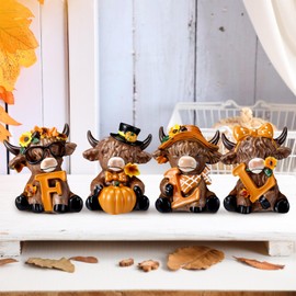 Sosation 4 Pcs Fall Highland Cow Figurines Autumn Pumpkin Highland Cow Gnomes Maple Leaf Scottish Resin Statue Calf Lovers Gifts for Thanksgiving Home Garden Kitchen Office Tiered Tray Table Decor