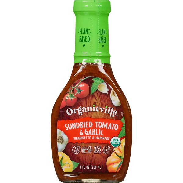 Organicville Sundried Tomato & Garlic Vinaigrette - Plant Based Salad Dressings, Keto Friendly, Gluten Free, Vegan, Non-GMO, 0g Added Sugar, Paleo, Made with Organic Sun Dried Tomatoes - 8 Oz, 6-Pack