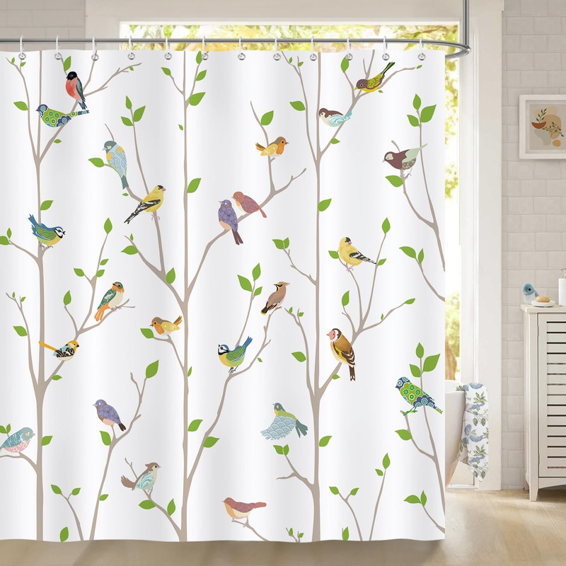 Bonhause Bird Shower Curtain, Spring Birds on Tree with Green