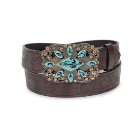 FGSS Women Western-Belts Ink-Turquoise Engraved-Leather-Belt - with Vintage Embossed Buckle for Men Cowgirl Jeans Pant, Coffee Turquoise, Fit for Waist 28"-38"
