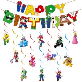 Super Bros Birthday Decoration Boys Girls Bunting Garland Hanging Decoration Birthday Banner Swirl Decorations Birthday Decoration Happy Birthday Banner Decoration for Children's Birthday Party