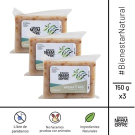 Jabón Natural Artesanal con Aceite Neem Oliva Tea Tree -Sin Parabenos Petrolatos Grasa Animal-150 g c/u - 5.29 oz each-Bienestar Neem Erfre (Avena y Miel, Paq- de 3)