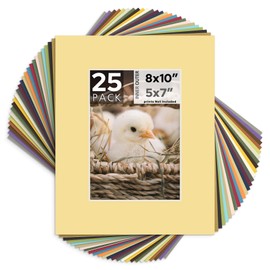 Mat Board Center, Pack of 25, 8x10 for 5x7 Mixed Color Mats - Acid Free, 4-ply Thickness, White Core - for Pictures, Photos, Framing