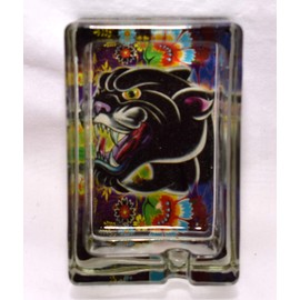 Ashtray New 3.5" Solid Glass Tattoo Art Black Panther with Colorful Floral Backgrounds Decorative (1 Growling Panther Purple Flower Background)