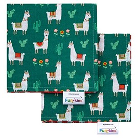 Funkins Reusable Cloth Napkins for Kids | 12”x12”, 2-Ply, Thick, Absorbent, Durable | Machine Washable | Name Tag | Soft Cotton Fabric | Great for School Lunchboxes | Set of 2 Napkins (Llamas)
