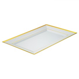 Restaurantware Moderna 11.5 x 7.3 Inch Premium Disposable Plates 100 Rectangular Plastic Plates For Parties - Gold-Rimmed Durable White Plastic Dinner Plates For Warm And Cold Foods
