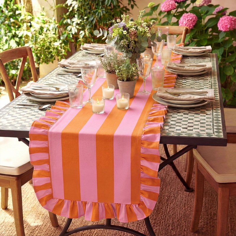 HunnmingRe Ruffle Edge Striped Table Runner 118 x 15.7 Inch