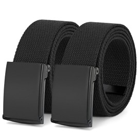 JASGOOD 2 Pack Canvas Web Belts Flip-Top Solid Black Military Buckle Mens Webbing Belt Cut To Fit, Black/Black, 40"
