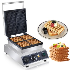 110V Commercial Square Waffle Maker ，4pcs Nonstick Electric Waffle Maker 1800W Electric Stainless Steel Belgian Waffle Machine with Temperature&Time Control for Snack Bar Home Bakeries