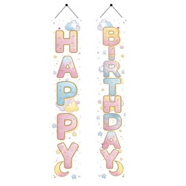 Starlit Patio 2PCS Happy Birthday Porch Sign Moon Star Cloud Hanging Door Banner Party Decorations Birthday Party Supplies Door Wall for Kids Baby Girls Boys 71 x 12 Inch