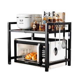 QMLZZJE Microwave Oven Rack, Microwave Stand Countertop Adjustable Over Microwave Shelf Organizer, Extendable Kitchen Microwave Stand with Storage with 6 Hooks