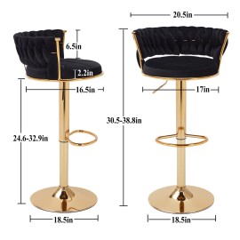 Vecelo Set of 2 Bar Stools Adjustable Swivel Velvet Retro Kitchen Counter Height Chair - Black
