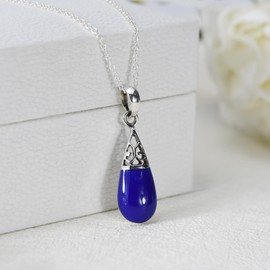 AeraVida Filigree Swirl Teardrop Simulated Blue Lapis-Lazuli Inlay .925 Sterling Silver Pendant Necklace