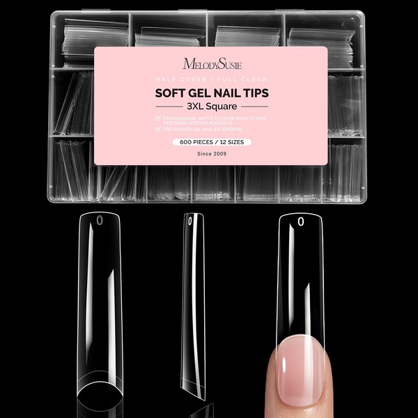 MelodySusie Extra Long Square Nail Tips - 600Pcs Clear Acrylic,
