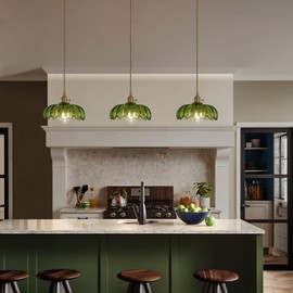 Shenmoyl Pendant Light with Green Scindapsus Glass Lmapshade, Brass Vintage Pendant Light Adjustable Hanging Light for Kitchen Island Dining Room Hallway