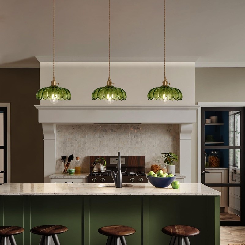 Shenmoyl Pendant Light with Green Scindapsus Glass Lmapshade, Brass Vintage